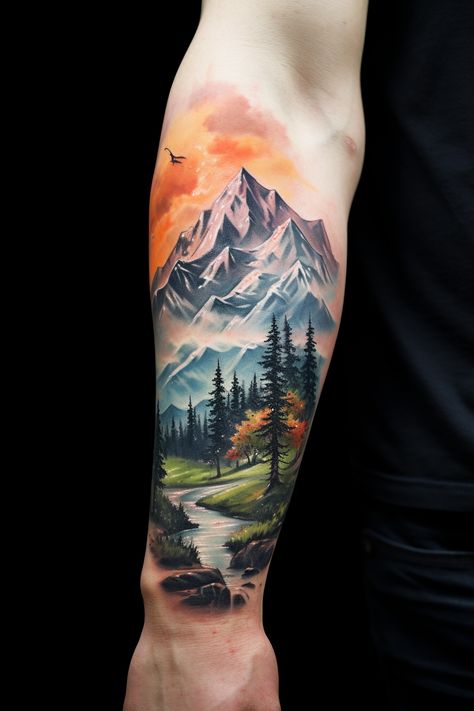 Landscape Tattoos, Nature Sleeve, Guru Hargobind, Mountains Tattoo, Arm Sleeve Tattoos For Women, Tattoo Wolf, Animal Sleeve Tattoo, Nature Tattoo Sleeve, Country Tattoos