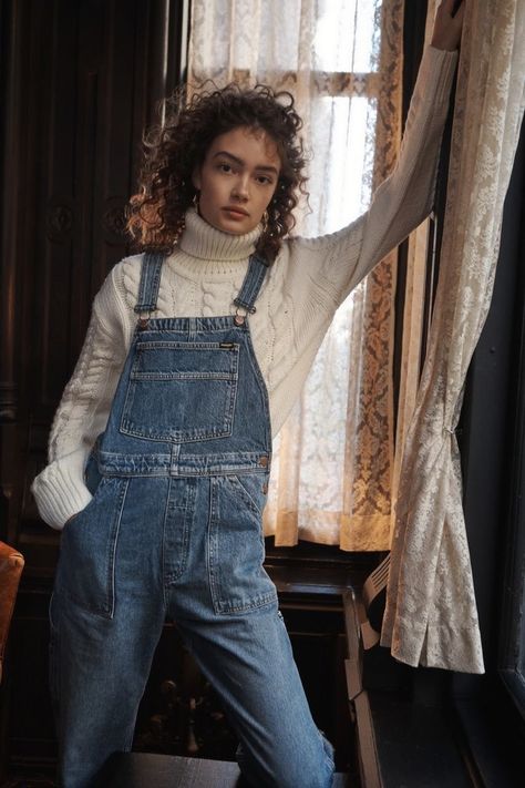 Tibi Turtleneck Bareback Pullover $340 and Wrangler Utility Overalls $103.60 Jean Overall Outfits Winter, Overall Winter Outfit, Denim Overalls Outfit Winter, Overalls Winter Outfit, Overall Outfit Winter, Jean Overall Outfits, Overalls Outfit Winter, Jeans For Winter, Sasha Kichigina