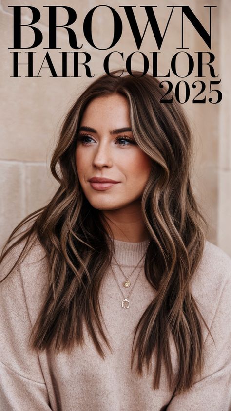 Get inspired by the stunning brown hair color trend of 2025! Featuring natural waves with subtle caramel highlights, this style adds depth and elegance to any look. Perfect for achieving a radiant and effortless vibe. Save this pin for your next salon appointment! 💕✨ #BrownHairGoals #HairTrends2025 #ChicStyles Brown Hair With Neutral Highlights, 2025 Hair Highlight Trends, Brunette Hair 2025 Trends, Dark Brown Hair Colors With Highlights, Brunette 2025 Hair, Summer 2025 Hair Color Trends, Brunette Hair With Lowlights Warm Browns, Warm Dark Brown Balayage, Warm Tone Highlights Brunettes