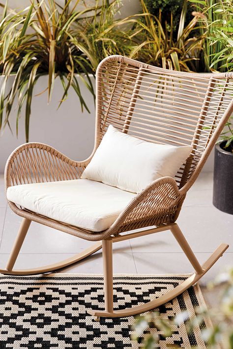 Bedroom With Balcony, Baby Rocking Chair, Rattan Rocking Chair, Rocking Chair Porch, Porch Chairs, Rocking Chair Cushions, Rocking Chair Set, Boho Outdoor, Rocking Chair Nursery