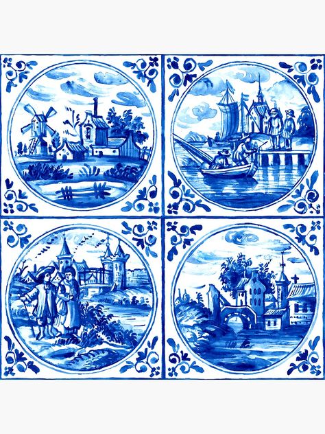 "Dutch Tiles" Sticker by P-Jaworska | Redbubble Blue Tile Backsplash Kitchen, Dinosaur Clip Art, Dutch Tiles, Delft Tiles, Apartment Art, Delft Blue, Tile Murals, Blue Tiles, Digital Watercolor