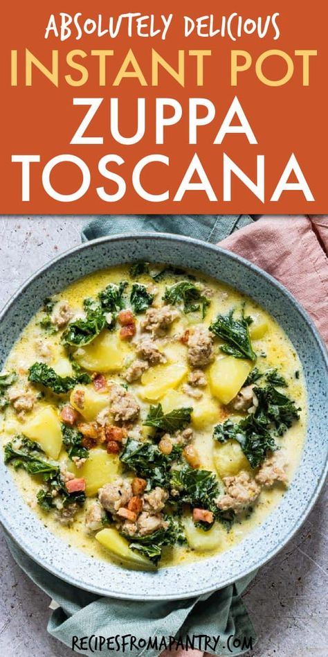 Instant Pot Zuppa Toscana is soup perfection! Your whole family will LOVE this Gluten-Free Olive Garden CopyCat recipe. The Zuppa Toscana Soup is SO quick and easy to make in the Instant Pot, on the stovetop or in a slow cooker! Click through to get this awesome Instant Pot Zuppa Toscana recipe!! #instantpot #instantpotrecipes #pressurecooker #pressurecookerrecipes #instantpotZuppaToscana #pressurecookerZuppaToscana #OliveGardenCopycat #OliveGardenCopycatZuppaToscana #ZuppaToscanaCopycat Zuppa Toscana Soup Keto, Zuppa Toscana Soup Instant Pot, Zuppa Toscana Soup Crockpot, Soup Whole 30, Soup Zuppa Toscana, Toscana Soup Olive Garden, Instant Pot Zuppa Toscana, Soup Sausage, Zuppa Toscana Soup Olive Garden