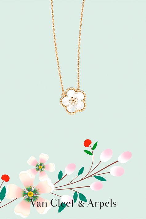 Take a stroll in Van Cleef & Arpels' garden in full bloom, unveiling a delicate Lucky Spring plum blossom pendant. #VCAspring #VCAluckyspring #VanCleefArpels #spring Illustrator: Charlotte Gastaut Van Cleef Lucky Spring, Lucky Spring Van Cleef, Van Cleef Arpels Aesthetic, Mop Jewelry, Van Cleef And Arpels Jewelry, Van Cleef And Arpels, Jewellery Brand, Girl Jewelry, Classy Jewelry