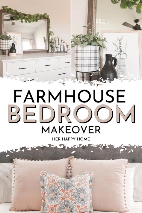 Looking for budget-friendly master bedroom ideas? Learn how to transform your builder-grade bedroom into a farmhouse retreat in this modern farmhouse master bedroom makeover! #farmhousebedroom #farmhousebedroomdecor Grey Bedroom Ideas With Pop Of Color, Modern Farmhouse Guest Bedroom, Farmhouse Bedroom Wall Decor, Affordable Bedroom Decor, Farmhouse Chic Bedroom, Bedroom Makeover On A Budget, Bedroom Floor Tiles, Farmhouse Bedroom Design, Farmhouse Guest Bedroom