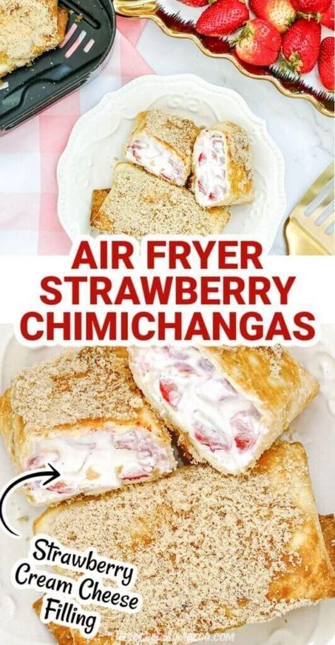 If you are looking for a delicious dessert, then you need to try these amazing strawberry chimichangas from the Soccer Mom Blog! These delicious air fryer treats are perfect for the whole family. Try this creamy filled dessert today! Air Fryer Strawberry Cheesecake Chimichangas, Strawberry Chimichanga Recipes, Air Fryer Fruit Dessert Recipes, Fruit Chimichangas, Air Fryer Strawberries Recipes, Air Fryer Strawberries, Strawberries Air Fryer, Dessert Chimichanga Recipe, Dessert Chimichanga