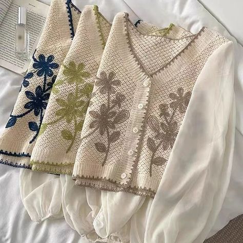 Spring Crochet Knit Cardigan for Women V-Neck Puff Long Sleeve Embroidery Floral Jacket Retro Button Down Knitwear Coat - AliExpress Spring Crochet, Sleeve Embroidery, Style Bubble, Cardigan For Women, Embroidery Floral, Puff Long Sleeves, Floral Retro, Floral Jacket, Cropped Cardigan