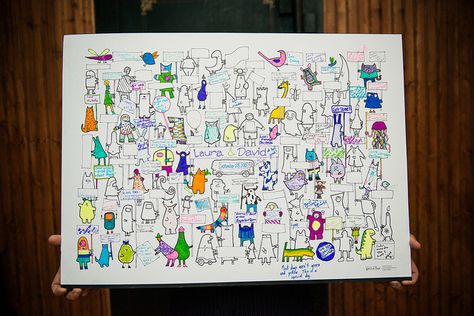 Awesome guest book canvas where guests color in their character and write their name! Cartoon Cityscape, Planing Board, Guest Book Canvas, Lawn Games Wedding, Gradient Dress, Lego Wedding, Wedding Reception Guest, Reception Activities, Art Gallery Wedding