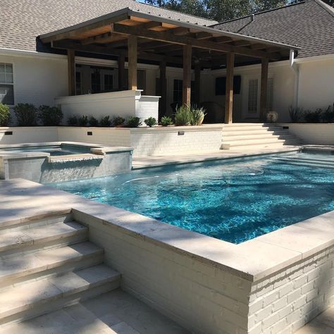 Terraced Pool Deck, Deck To Inground Pool Transition, Pool Lower Level Than House, Deck To Pool Transition, Patio To Pool Transition, Terraced Pool, Deck With Outdoor Kitchen, Portuguese Garden, Pool And Outdoor Kitchen Ideas