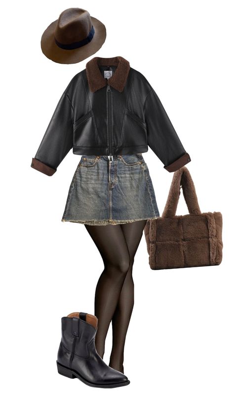 fall boots fall outfit, leather jacket, mini jean skirt, tights, cowgirl ankle boots, a fluffy bag, and a hat Boots Fall Outfit, Outfit Leather Jacket, Cowgirl Ankle Boots, Skirt Tights, Fluffy Bag, Mini Jean Skirt, Fall Boots Outfit, Middle School Outfits, Fall Boots