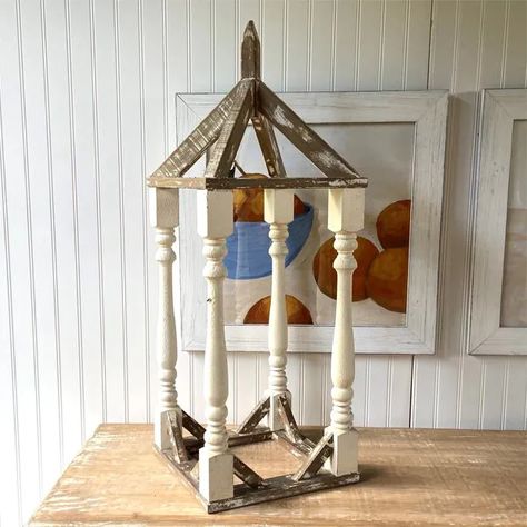 Distressed Wood Lantern Frame | Antique Farmhouse Spindle Ornaments, Stick Projects, Yard Lighting, Lantern Christmas Decor, Rustic Wood Lanterns, Wooden Lantern, Wood Yard Art, Revamp Furniture, Lantern Ideas