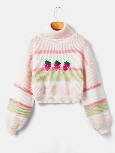 ROMWE Kawaii Strawberry Embroidery Striped Pattern Turtleneck Lantern Sleeve Sweater Stripes Knitwear, Strawberry Sweater, Strawberry Embroidery, Pattern Turtleneck, Transition Goals, Boho Prom, Kawaii Strawberry, Lantern Sleeve Sweater, Cable Knit Sweater Womens