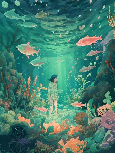 Premium AI Image | A woman in a green dress stands in an underwater world with fish and a fish swimming around her. Surreal Underwater Art, Drawing Underwater Scenes, Under The Ocean Art, Half Underwater Art, Underwater Art Reference, Gouache Underwater, Under Water Illustrations, Water Art Ideas, Fish Aesthetic Art