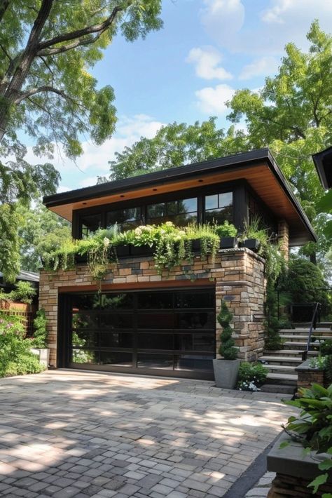 Green Roof Garden Porch Above Garage, Garage Green Roof, House On Top Of Garage, Garage Style Interior, Small Home Architecture, Industrial House Design Exterior, Shed Roof Addition, Garage With Rooftop Deck, Modern House Garage