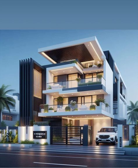 3 Storey Building, Indian House Decor, 3d Front Elevation, 3d House Design, 3 Storey House, Indian House Design, Indian Houses, Front Elevation Design, 3 Storey House Design