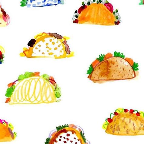 Katie Vernon on Instagram: "Tuesday 🌮🌮🌮 . #tacotuesday #taco #letstacoboutit #tacos #tacoart #foodillustration #surfacedesign #surfaceillustration #illustration #illustrationartists #illustratorsoninstagram #tacoparty #tacopattern #lillarogerstudio #tacotime #arteveryday" Taco Line Drawing, Taco Painting, Taco Art Book, Taco Watercolor Illustration, Katie Vernon, Retro Taco Illustration, Art Camp Projects, Camp Projects, Taco Time