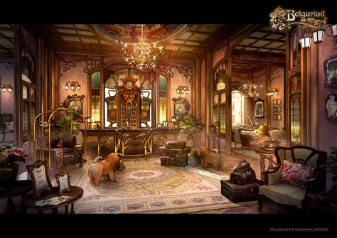 ArtStation - The Belgariad - Hotel Lobby, Sakulkarn.Aom Hotel Lobby, Lobby, Victorian Era, Vintage Art, Hotel, Interior Design, Furniture, Design