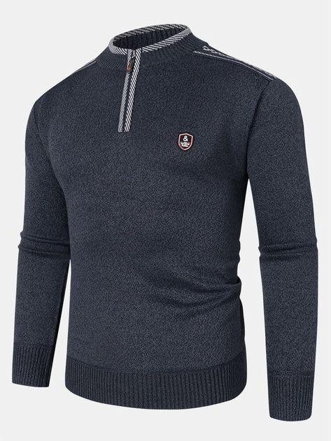 Mens Knit Half Zip Chest Applique Plain Casual Pullover Sweaters Casual Pullover Sweater, Mens Sweaters, Pullover Sweater Men, Men Store, Sweater Fits, Sweater Style, Boys Clothes Style, Men's Knit, Knitted Pullover Sweaters