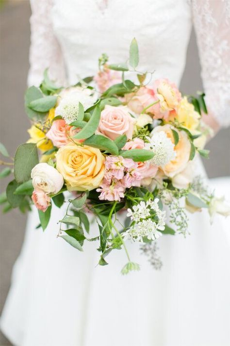 Yellow And Pink Wedding Bouquet, White Yellow Pink Wedding Decor, Pink Yellow Green Bouquet, Pink And Yellow Wedding Decorations, White Pink Yellow Wedding Flowers, Pink And Yellow Bridal Bouquet, Light Yellow Wedding Flowers, Pink Green Yellow Wedding, Yellow And Pink Wedding Flowers