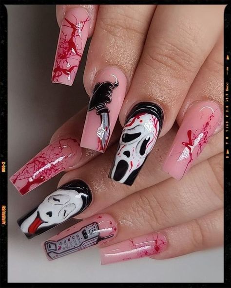 55+ Halloween Acrylic Nails for the Perfect Spooky Manicure | Halloween Nails 2023 Halloween Nails Scary Movie, Scary Nails Designs, Saw Halloween Nails, Uñas Scary Movie, Jigsaw Nails Halloween, Halloween Nails Ghostface, Halloween Movie Nails, Horror Themed Nails, Scary Movie Nails