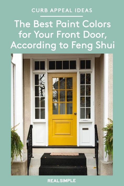 The Best Paint Colors for Your Front Door, According to Feng Shui | A fun and simple way to change your feng shui is to switch up the paint color of your front door to correspond to your intention. Here's our list of the best paint colors for your front door and will upgrade your curb appeal, according to feng shui. #paintcolors #realsimple #paintideas #paintcolorideas #bestpaintcolors #homeinspiration Front Door Colors For 2023, Feng Shui Door Colors Entrance, Fun Front Door Colors, Interior Front Door Color, Feng Shui Front Door Colors, Doors Colors, Front Door Color Ideas, House Doors Colors, Door Color Ideas