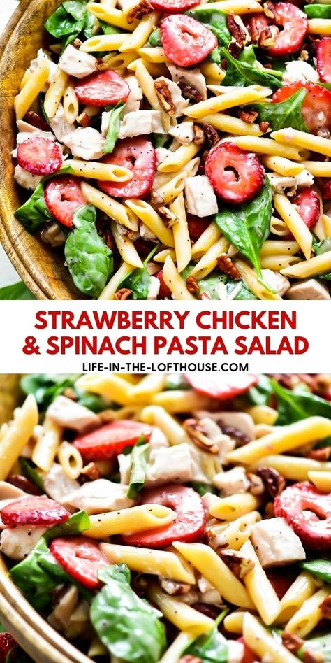 Poppy Seed Dressing Recipe, Spinach Pasta Salad, Salad With Poppy Seed Dressing, Strawberry Chicken, Pasta Salad With Spinach, Paleo Salad, Pasta Spinach, Feta Pasta Salad, Chicken Spinach Pasta