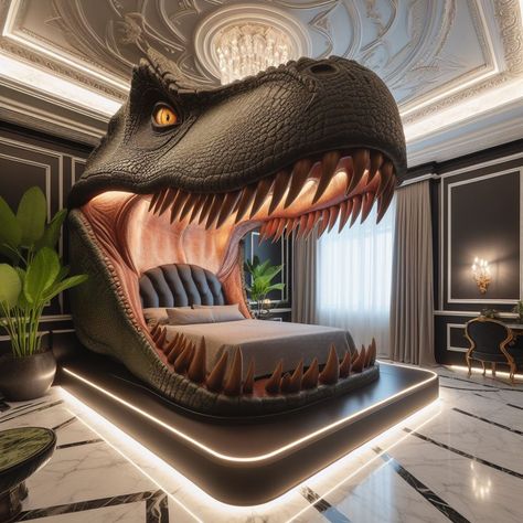 Dinosaur Head Bed 🦖🛏️🌟 #DinosaurHeadBed #PrehistoricDreams #JurassicSlumber Roar into bedtime adventures with the Dinosaur Head Bed. Shaped like the head of a mighty dinosaur, this bed sparks imagination and excitement for little ones. Elevate your child's bedroom with the Dinosaur Head Bed, where every night is a journey to the age of the dinosaurs. 🌴🦕✨ https://luxarts.net/dinosaur-head-bed/ Dinosaur Furniture, Dinosaur Bed, Head Bed, Dinosaur Bedding, Dinosaur Head, Unique Furniture Pieces, Dreams Beds, Random Images, Matching Furniture