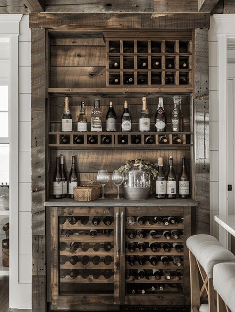 25 Rustic Decor Ideas for a Homely Vibe Farmhouse Wine Storage, Wine Bar In Living Room Ideas, Rustic Wine Room, Rustic Vogue, Wine Rack Inspiration, Wine Cellar Ideas, Vogue Decor, Unique Rustic Decor, Rustic Decor Ideas