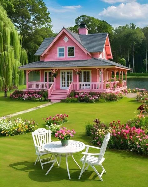 Tiny House and Cabins Pink Tiny House, Modern Tiny Home, Small Cottage Homes, Modern Tiny House, Shed Homes, Pink House, Beautiful Art Pictures, Small Cottage, Village House Design