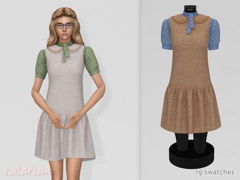 The Sims Resource - Juniper Sundress with a short-sleeved blouse Front Zipper Dress, Sadies Dress, Bella Dress, Sims Four, Plaid Sleeve, Floral Sleeve, Polka Dress, Pinafore Dress, Dress Zipper