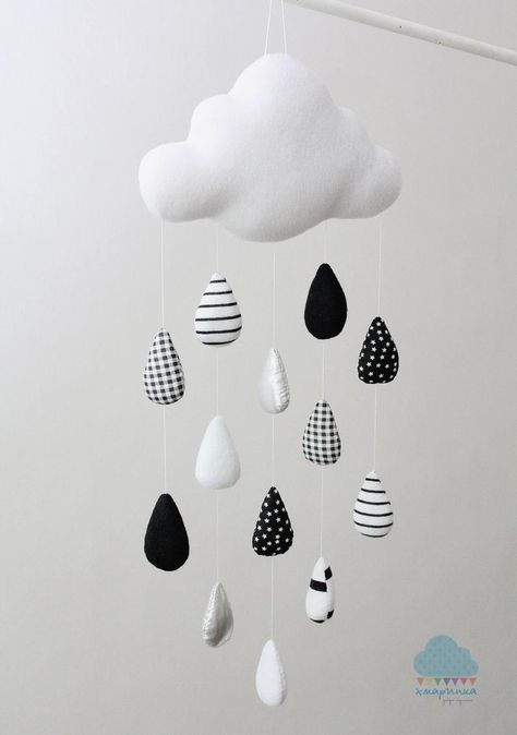 Baby mobile Rain cloud Black and white for monochrome nursery. | Etsy Black And White Toys, Black And White Baby Nursery, Cloud Black And White, Baby Mobile Diy, Black And White Mobile, Nursery Black And White, Black White Nursery, Diy Montessori Toys, Black And White Nursery