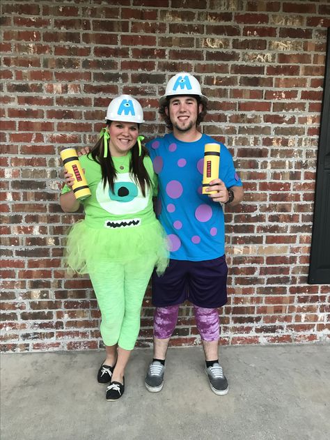 Mike and Sully Halloween costume! diy monsters inc. halloween easy                                                                                                                                                                                 More Mike And Sully Couple Costume, Diy Mike And Sully Costume, Monsters Inc Costumes Diy, Sully Monsters Inc Costume Diy, Mike Monsters Inc Costume, Sully Monsters Inc Costume, Diy Mike Wazowski Costume, Sully Costume Diy, Mike And Sully Costume