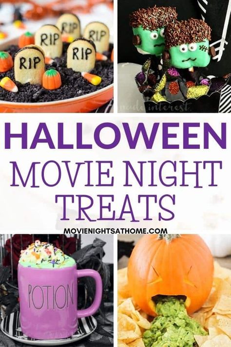 We've found the best Halloween movie night snacks and drinks to help you host an epic party or enjoy the spooky holiday with your family! Grab our favorite finger foods, sweets, treats, and drinks for Halloween!! #halloween #movienight #movienightsathome MovieNightsAtHome.com October Movie Night Ideas, Ghouls Night Snacks, Easy Halloween Movie Night Snacks, Halloween Treats For Movie Night, Halloween Family Fun Night, Nightmare Before Christmas Movie Night Food, Halloween Themed Movie Night Ideas, Halloween Movie Marathon Snacks, Kids Halloween Movie Night Snacks