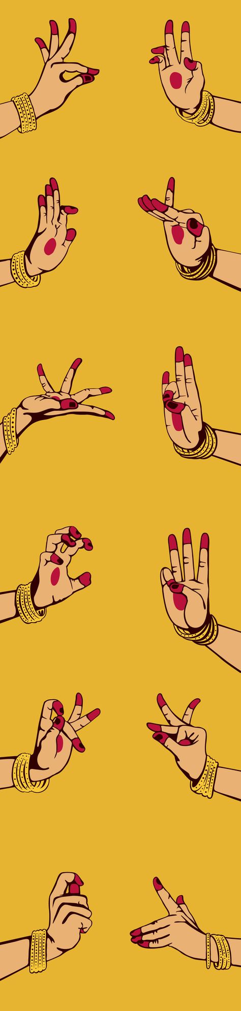 Illustration for LivingArt 2012 diary, featuring mudras. The mudras are symbolic hand gestures in the classical Indian dance of Bharat Natyam. Hand Mudras Art, Bharatanatyam Mudras Drawing, Kuchipudi Hand Mudras, Classical Dance Hand Mudras, Hand Mudras Painting, Classical Dance Sketch, Bharatanatyam Hand Mudras, Bharatnatyam Hand Mudras Drawing, Dance Board Decoration