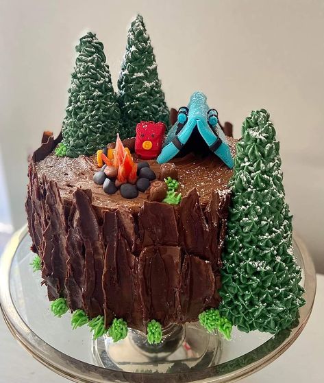 Mountains Cake Ideas, Outdoorsy Cake, Hiking Cake Ideas For Men, Birthday Cake Mountain Theme, Birthday Cake For Hiker, Kayak Cake, Camping Birthday Cake, Nature Cake, Camping Cakes