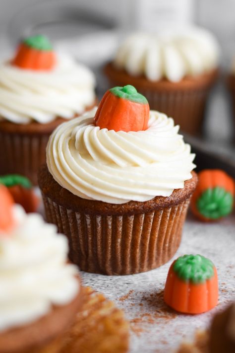 Pumpkin Cupcakes with Cream Cheese Frosting Pumpkin Cupcakes With Cream Cheese, Potato Cupcakes, Gluten Free Cupcake Recipe, Sweet Potato Cupcakes, Pumpkin Cream Cheese Pie, Gluten Free Sweet Potato, Moist Carrot Cakes, Easy Cupcake Recipes, Cupcakes With Cream Cheese Frosting