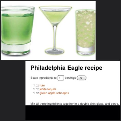 Philadelphia Eagles inspired shooter recipe  1 oz rum 1 oz white tequila 1 oz green apple schnapps  Sounds Yummy! Eagles Cocktails, Philadelphia Eagles Cocktail, Philadelphia Eagles Drinks, Philadelphia Eagles Food, Eagles Drink, Philadelphia Eagles Party, Philadelphia Cocktails, Football Drinks, Eagles Party