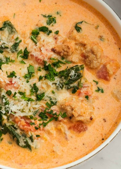 Sausage and Spinach Soup Sausage And Spinach Soup, Easy Soup Recipes Quick, Low Carb Comfort Food, Creamy Tomato Soup Recipe, Sausage And Spinach, Spinach Soup Recipe, Classic Grilled Cheese, Italian Sausage Soup, Creamy Tomato Soup