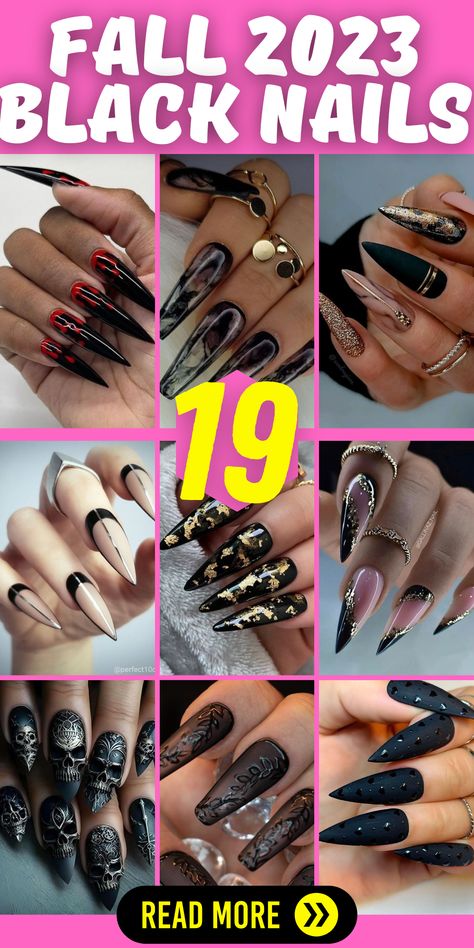 19 Chic Fall Black Nail Ideas: Embrace the Dark and Sophisticated Vibes of 2023! 2023 Black Nail Trends, Fail Nails 2023, Black Nails 2023 Trends, Black Fall Nails 2023, Edgy Fall Nails Acrylic, Black Nail Gel Designs, Nails 2023 Fall Trends, Dark Acrylic Nails Ideas, Gel Nails Fall 2023