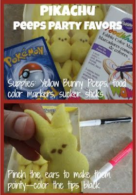 Pikachu Peeps Diy, Peeps Pikachu, Pikachu Peeps, Pokemon Birthday Party Drinks, Pokemon Peeps, Dollar Tree Pokemon Party, Pokemon Party On A Budget, Pokemon Themed Cocktails, Pokemon Birthday Party