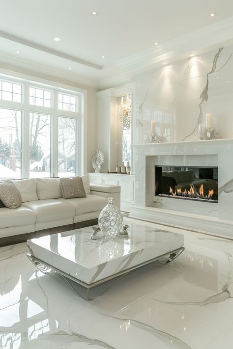 Indulge in the elegance of luxury living rooms with lavish furnishings, refined decor, and high-quality materials. Click for more ideas. Gold Glam Living Room, White And Silver Living Room, Family Room Modern, Front Room Ideas, Living Room Luxury Modern, Modern Fireplace Ideas, Luxury Living Room Ideas, Luxury Living Rooms, Living Room Minimal