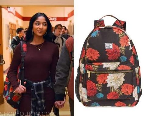 Never Have I Ever: Season 3 Devi's Floral Backpack Devi Outfits Never Have I Ever Season 3, Devi Outfits, Never Have I Ever Devi, Devi Never Have I Ever, School Backpack Essentials, Backpack Essentials, Where To Buy Clothes, Floral Backpack, Never Have I Ever