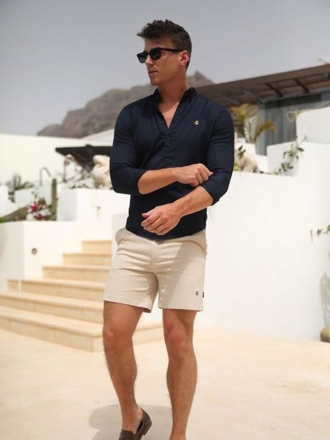 Smart Shorts Outfits Men, Wedding Shorts Men, Italy Mens Fashion Summer, Shirt With Shorts Outfits, Men Shorts Outfit Summer Mens Fashion, Mens Shorts Outfits Casual, Chino Shorts Mens Outfit, Beach Look Men, European Summer Outfits Men