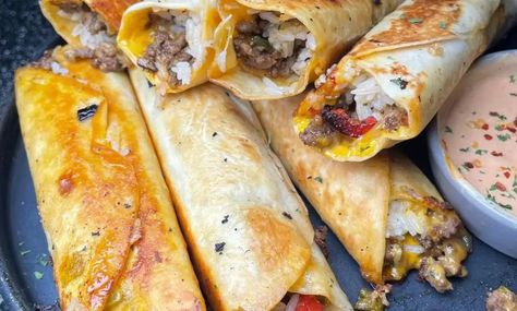 Cheesy Beefy Rollups, Ground Beef Burritos, Beef Roll Ups, Ground Beef Seasoning, Fresh Tortillas, Beef Roll, Griddle Recipes, Baked Cheese, Seasoned Salt