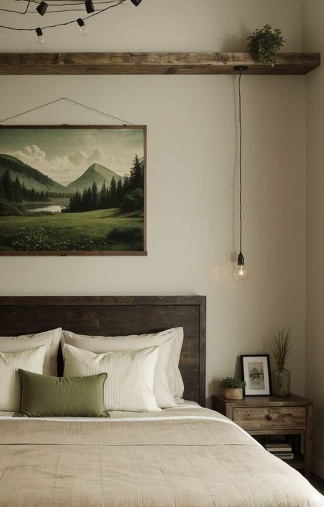 Green Aesthetic Posters, Aesthetic House Bedroom, Bedrooms Aesthetic, Aesthetic House, Natural Wood Furniture, Aesthetic Posters, Rustic Aesthetic, House Bedroom, Bedroom Green