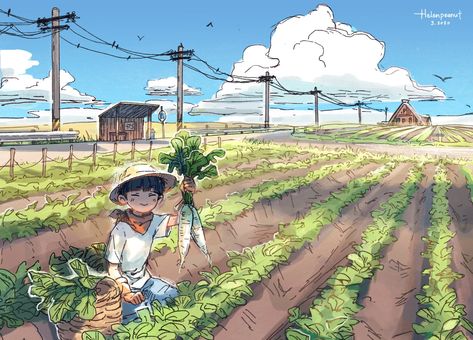 pea @ zines!! on Twitter: "[mp100] grateful for farmers ! 🌽… " Farming Drawing, Farming Art, Ecology Design, Background Drawing, Farm Art, Cat Character, Anime Drawings Tutorials, Environment Design, Jena