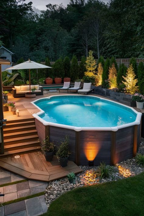 Get inspired by these 20 stunning above ground pool ideas that will elevate your backyard to new heights. #StunningPools #AboveGroundPool #BackyardDesign Above Ground Pool With Deck, Pool With Deck, Build A Deck, Hot Tub Landscaping, Pool Deck Plans, Dream Backyard Pool, Best Above Ground Pool, Swimming Pool Architecture, Above Ground Pools