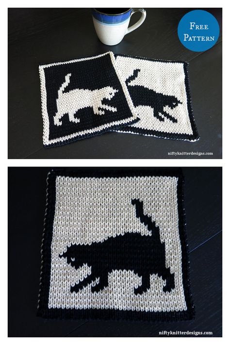 Cat Playtime Potholder Free Knitting Pattern Potholder Patterns Free, Double Knitting Patterns, Knitting Help, Opposite Colors, Dishcloth Knitting Patterns, Cat Scarf, Potholder Patterns, Knitted Cat, Knit Dishcloth