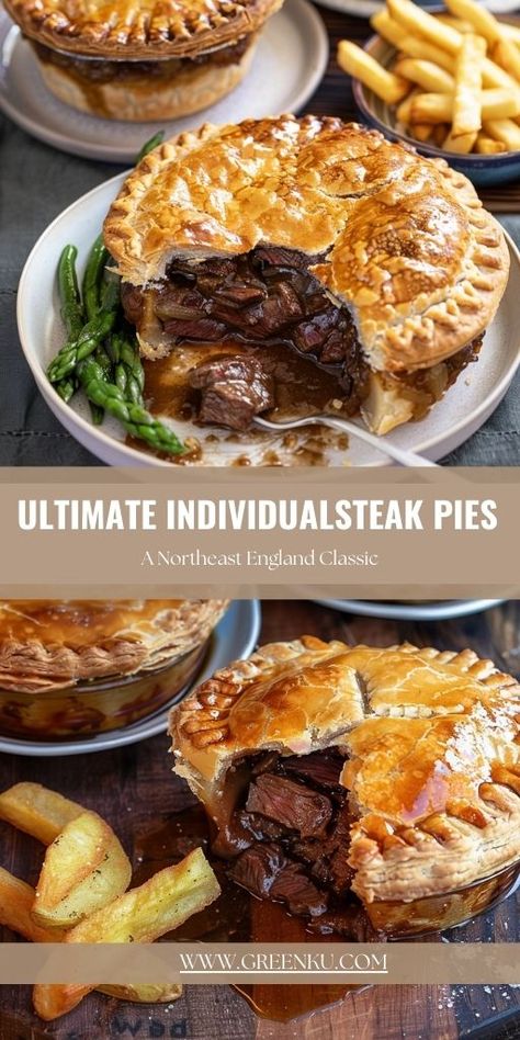 Ultimate Individual Steak Pies – A Northeast England Classic Ingredients: For the Filling: 570 ml (1 pint) beef stock 500 g lean stewing or casserole beef 2 bay leaves Salt and pepper to taste Optional: 1 kidney and 1 onion for added flavor #Pie #Steak Steak And Liver Pie, Individual Steak Pies, Scottish Beef Pie, Steak And Ale Pie Recipe, Steak And Onion Pie Recipe, Steak Pot Pie Recipe, Steak And Kidney Pie Recipe British, Individual Beef Pot Pies, Steak And Onion Pie