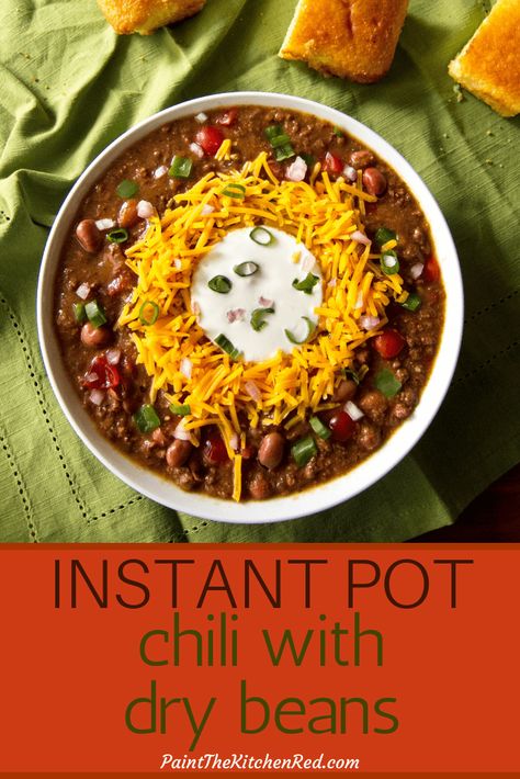 Instant Pot Chili, made using ground beef and dry beans, is the perfect comfort food for a fall or wintry evening.  It's also a great dish to feed a crowd, or for game day.  The addition of Masa Harina (corn meal) in this easy pressure cooker chili recipe thickens the chili and gives it a corn flavor.  Add your choice of toppings to take this chili over the top - it's the best recipe! #instantpot #chili #beans Chili With Dry Beans, Chili Recipe With Dry Beans, Chili With Dried Beans, Instantpot Chili, Pressure Cooker Chili, Instant Pot Chili, How To Cook Chili, Chili Beans, Bean Chili Recipe