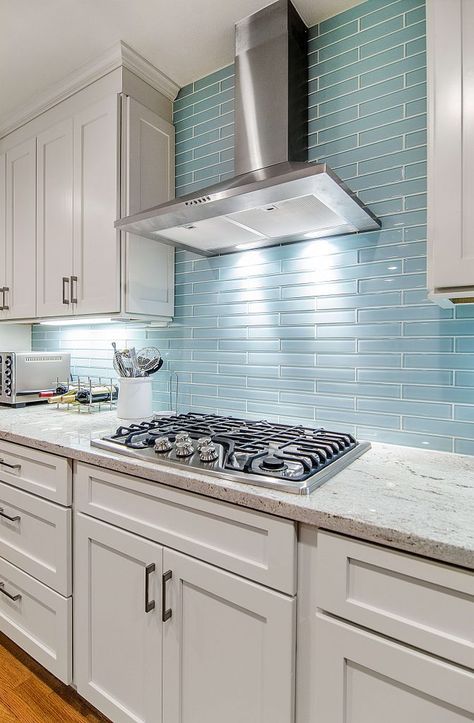 Blue Glass Tile Backsplash, Coastal Kitchen Backsplash, Blue Backsplash Kitchen, Backsplash Marble, Glass Tile Backsplash Kitchen, Glass Backsplash Kitchen, Blue Glass Tile, Stove Backsplash, Blue Backsplash